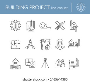 Building project line icon set. Floor plan, layout, compass, ruler. Architecture concept. Can be used for topics like engineering, measurement, construction