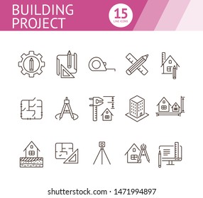 Building project line icon set. Floor plan, layout, compass, ruler. Architecture concept. Can be used for topics like engineering, measurement, construction