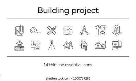 Building project line icon set. Floor plan, layout, compass, ruler. Architecture concept. Can be used for topics like engineering, measurement, construction