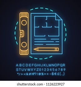 Building project neon light concept icon. Blueprint idea. Floor plan. Glowing sign with alphabet, numbers and symbols. Vector isolated illustration