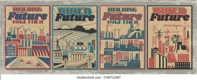 Building Propaganda Poster Templates, Grunge Texture Pattern, Retro Colors and Style, Construction Sites, Cranes, Factory Pipes, Agriculture Fields, Combine Harvesters, Power Lines