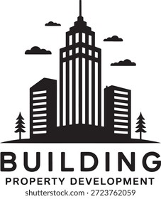 Firmenlogo für die Immobilienentwicklung mit Wolkenkratzern und Bäumen in einem schlichten Schwarz-Weiß-Design, das die Kompetenz der Städtebau- und Immobilienbranche symbolisiert.