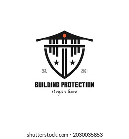 building protection logo, minimalist style, black and orange. Suitable for building insurance logos or related to buildings