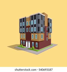 Building A Prototype In The American Style. With Windows Doors, Lined With Metal Panels And Hardy Wood. Isolate.Isometric Option Vector 3d View.