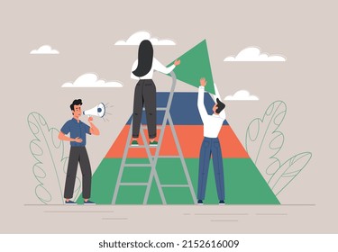 Building pyramid concept. Men and girls build triangle from objects. Metaphor of partnership and teamwork of creative characters. Coworking and freelance, co creation. Cartoon flat vector illustration