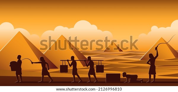 Building Pyramid\
in Egypt in ancient time use men to be slave the whole day,cartoon\
version,vector\
illustration