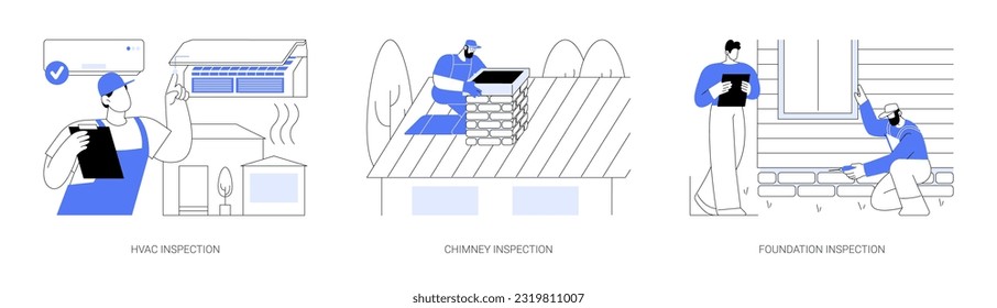 Building quality assessment abstract concept vector illustration set. HVAC and chimney inspection, foundation examination, private house maintenance, property safety abstract metaphor.