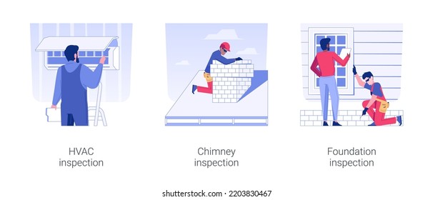 Building quality assessment isolated concept vector illustration set. HVAC and chimney inspection, foundation examination, private house maintenance, property safety vector cartoon.