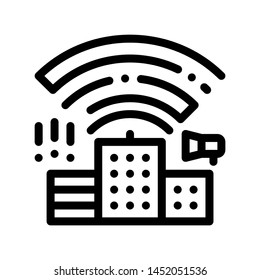 Building With Radiowaves Vector Thin Line Icon. Industrial Environmental Pollution, Chemical, Radiological Contamination Linear Pictogram. Dirty Soil, Water, Air Contour Illustration