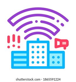 Building With Radiowaves Vector Thin Line Icon. Industrial Environmental Pollution, Chemical, Radiological Contamination Linear Pictogram. Dirty Soil, Water, Air Contour Illustration