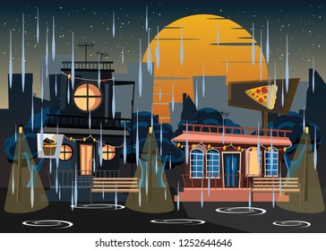 building in rainy day at night vector illustration 