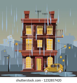 building in rainy day vector illustration