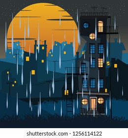 building in rainy day vector illustration