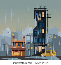 building in rainy day vector illustration