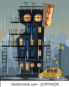 building in rainy day vector illustration