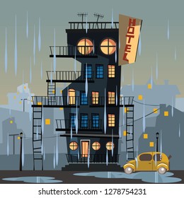 Vektorillustration-Gebäude auf Regentag