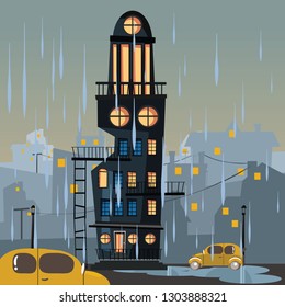 building in rainy day vector illustration