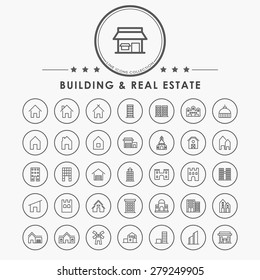 building and real estate line icons with circle button