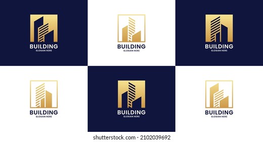 building, real estate logo design with square and golden color