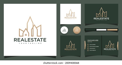 Building real estate logo with line art concept and business card Premium Vector.