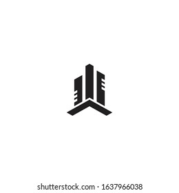 Building or real estate logo template. Skyscrapers in a hexagonal shape background.