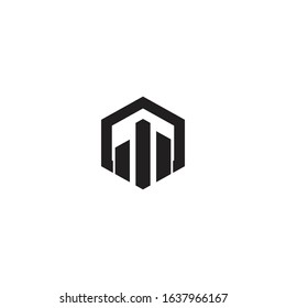 Building or real estate logo template. Skyscrapers in a hexagonal shape background.