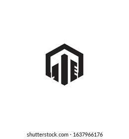 Building or real estate logo template. Skyscrapers in a hexagonal shape background.