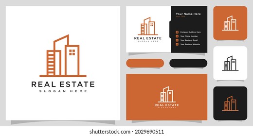 construcción de logotipo inmobiliario estilo de línea vectorial y tarjeta de negocios
