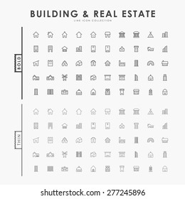 building and real estate on bold and thin line icons concept