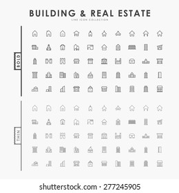 Gebäude und Immobilien auf fett- und dünn umrissenen Symbolen