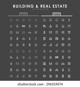 building and real estate on bold and thin line icons concept