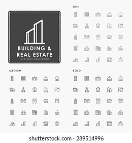 building and real estate on thin, medium and bold line icon concept