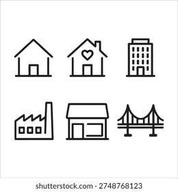 Building and real estate thin line icon set bundle. Vector graphics includes house, home, office, factory, store, bridge, Editable stroke outline icons.