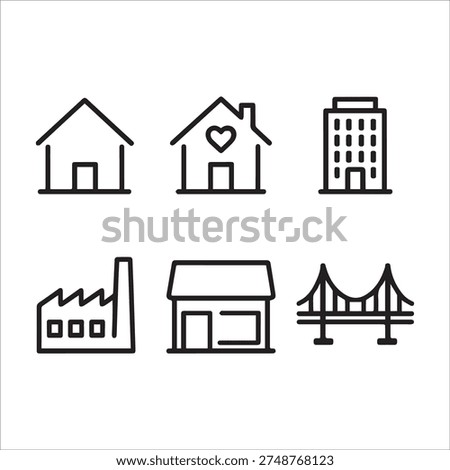 Building and real estate thin line icon set bundle. Vector graphics includes house, home, office, factory, store, bridge, Editable stroke outline icons.