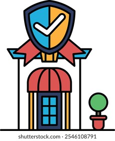 A building with a red and blue shield on top of it. The shield has a check mark on it