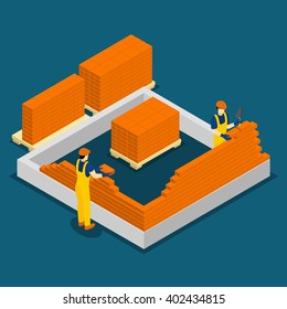 Building red brick wall construction process isometric banner with two masons at work abstract vector illustration