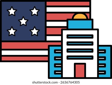 A building with a red door and a white roof is next to a flag with stars. The building is in the background and the flag is in the foreground