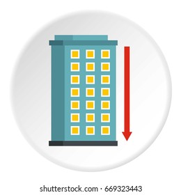 Building and red down arrow icon in flat circle isolated on white background vector illustration for web