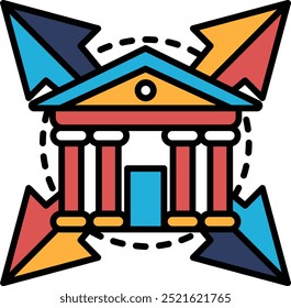 A building with a red roof and blue pillars. The building is surrounded by arrows pointing in different directions