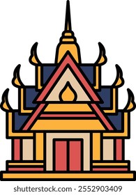 A building with a red roof and yellow trim. The building is a temple. The roof is decorated with many small spires