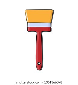 Building red and yellow icon of a wooden paint brush made of wool for painting walls and objects. Construction tool. Vector.