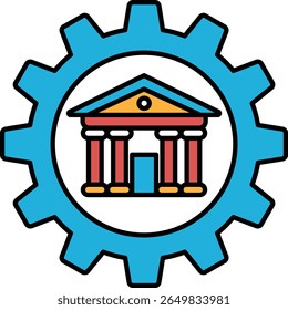 A building with a red and yellow roof is drawn in a blue circle. The building is a bank