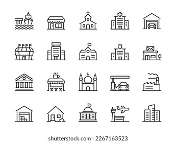 Building related line icon set. - Editable stroke, Pixel perfect at 64x64