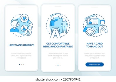 Building relations blue onboarding mobile app screen. Overcome shyness walkthrough 3 steps editable graphic instructions with linear concepts. UI, UX, GUI template. Myriad Pro-Bold, Regular fonts used