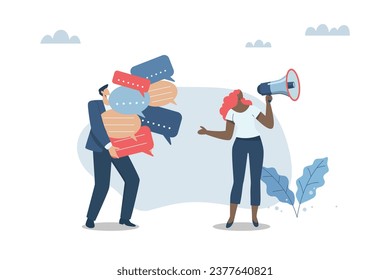 Building relationships with customers Business media support, Public relations to communicate company information, Businessman holds a speech bubble. Woman communicating with customers with megaphone