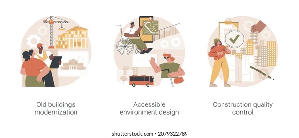 Building and rennovation abstract concept vector illustration set. Old buildings modernization, accessible environment design, construction quality control, public place abstract metaphor.
