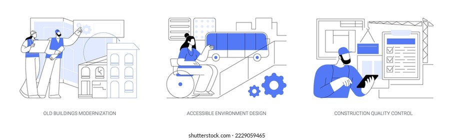 Abstraktes Konzept für Aufbau und Renovierung, Vektorgrafik-Set. Alte Gebäudemodernisierung, zugängliche Umweltgestaltung, Qualitätskontrolle im Bauwesen, abstrakte Metapher an öffentlichen Orten.