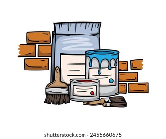 Building and Renovation. Bright vector editable illustration with brick wall, paint, brushes and building mixtures