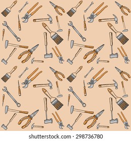 Building and renovation instruments - sketch style tools vector pastel wood background pattern