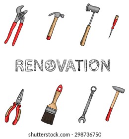 Building and renovation tools - sketch style vector set icons